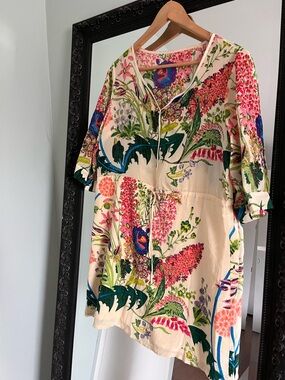 Floral Print V-Neck Silk Tunic Dress in Cream and Pink